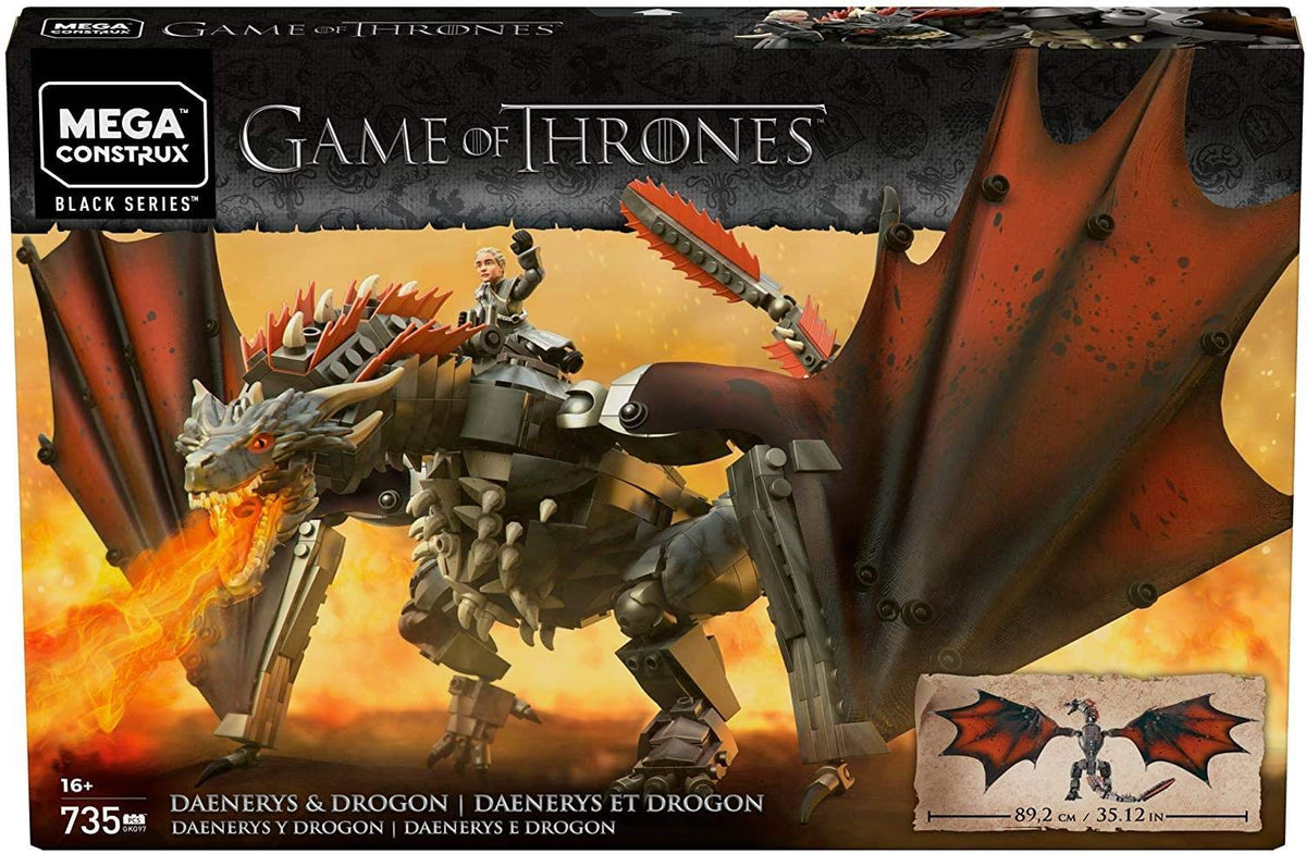 Mega Brands Daenerys Drogon buildable dragon figure showcases authentic detailing for display.