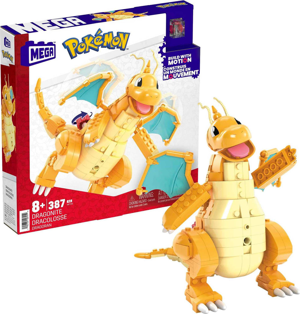 Mega Brands Dragonite motion-brick wings flap for dynamic action play.