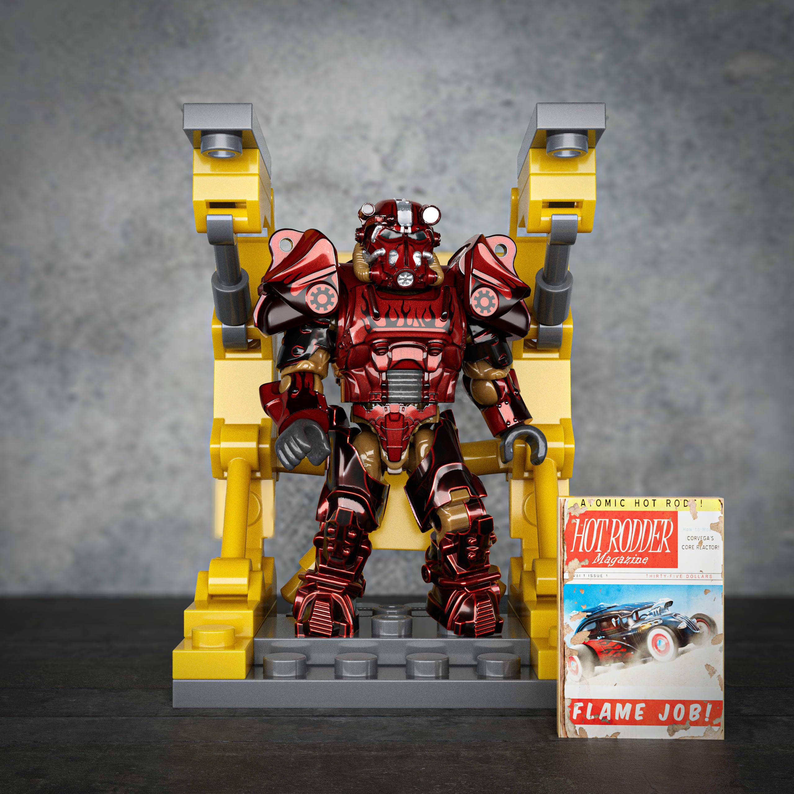Accessories included with each figure, like Nuka Cola Dark and Hot Rodder magazine.