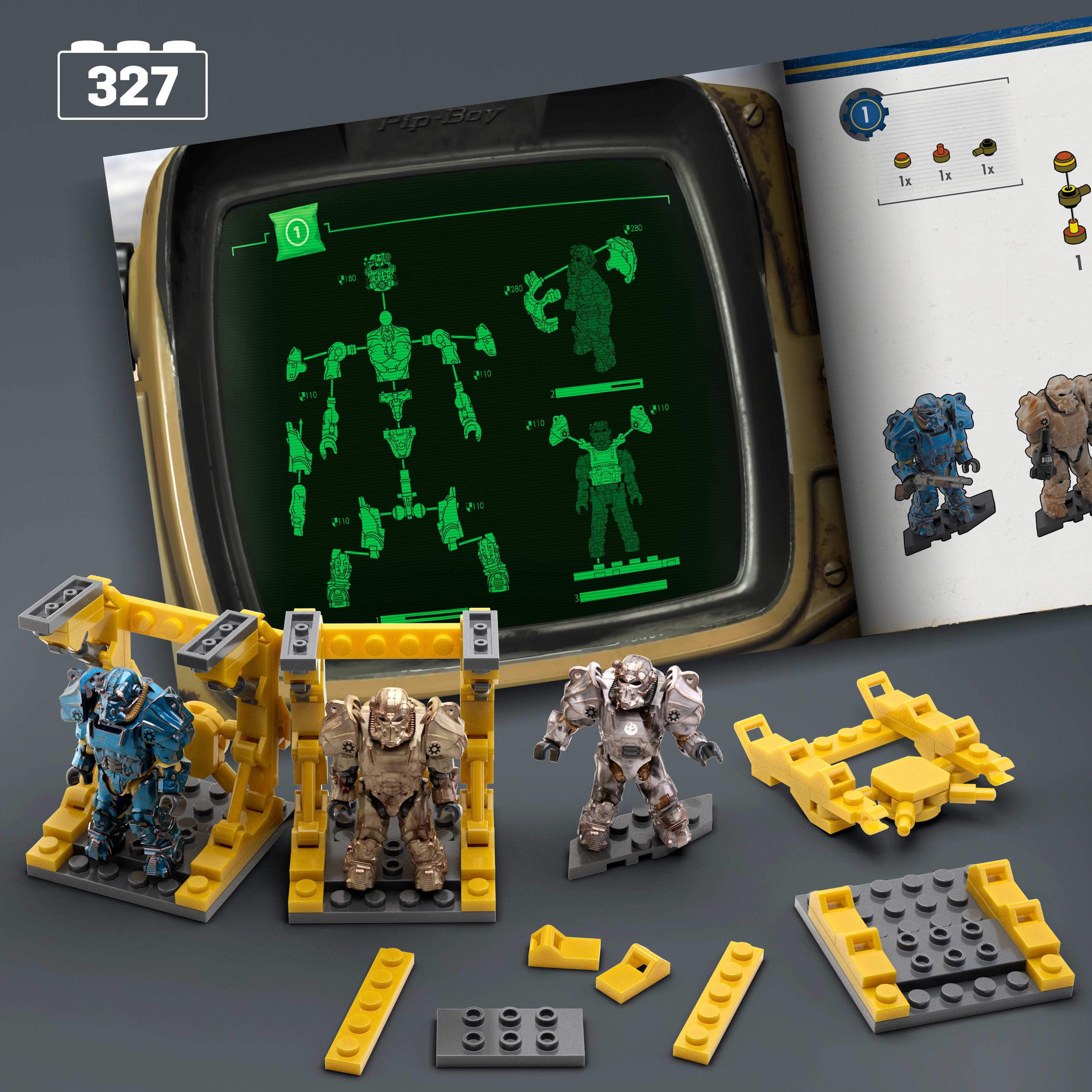 Five poseable Mega Brands Fallout T-60 figures with distinct paint jobs for dynamic display.