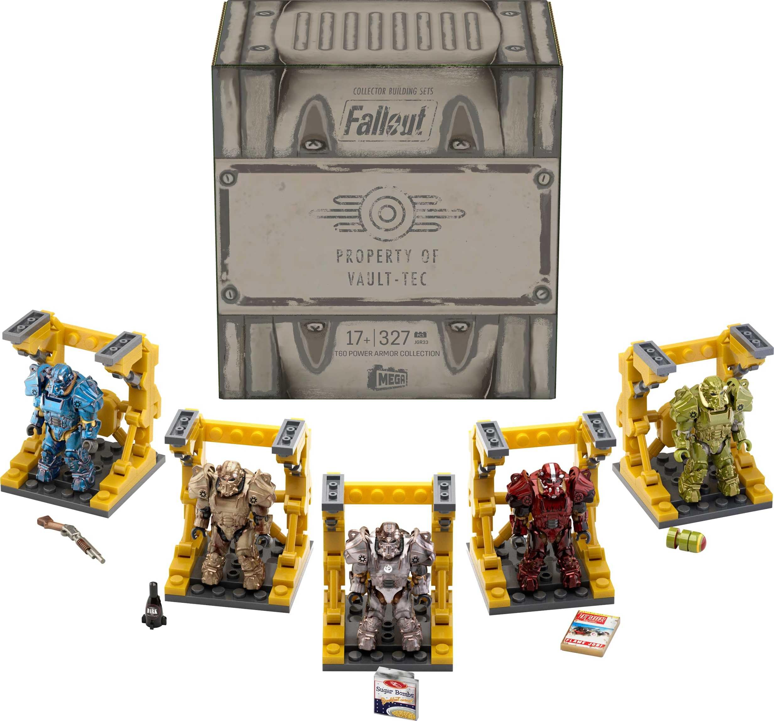 Mega Brands Fallout T-60 power armor set displayed on shelf, ideal for collectors.