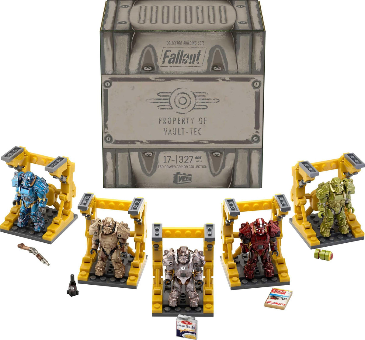 Mega Brands Fallout T-60 power armor set displayed on shelf, ideal for collectors.