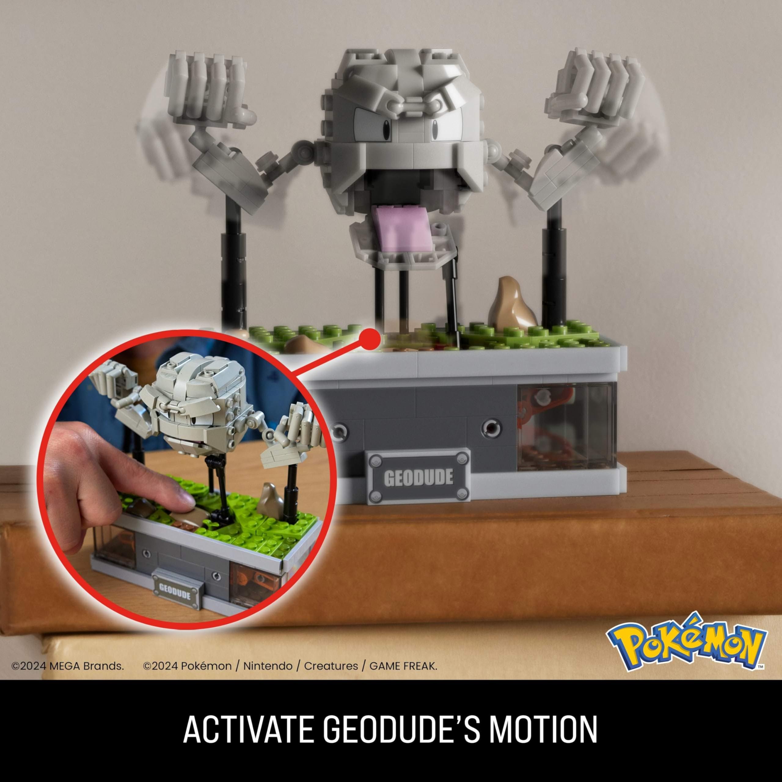 Mega Brands Geodude five-inch desk display offers a sleek space-saving centerpiece.