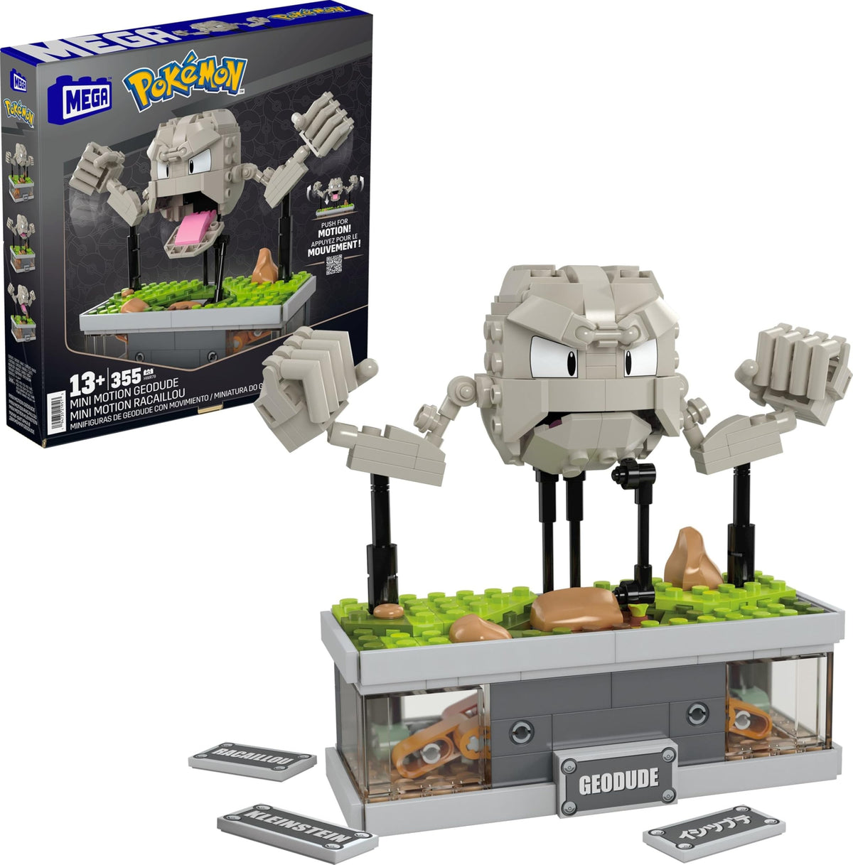 Mega Brands Geodude mini motion figure for desk display and collector enjoyment.