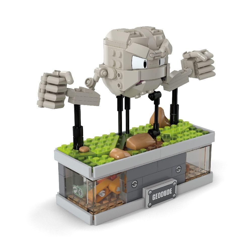 Mega Brands Geodude punching motion adds dynamic detail to any Pokémon collection.