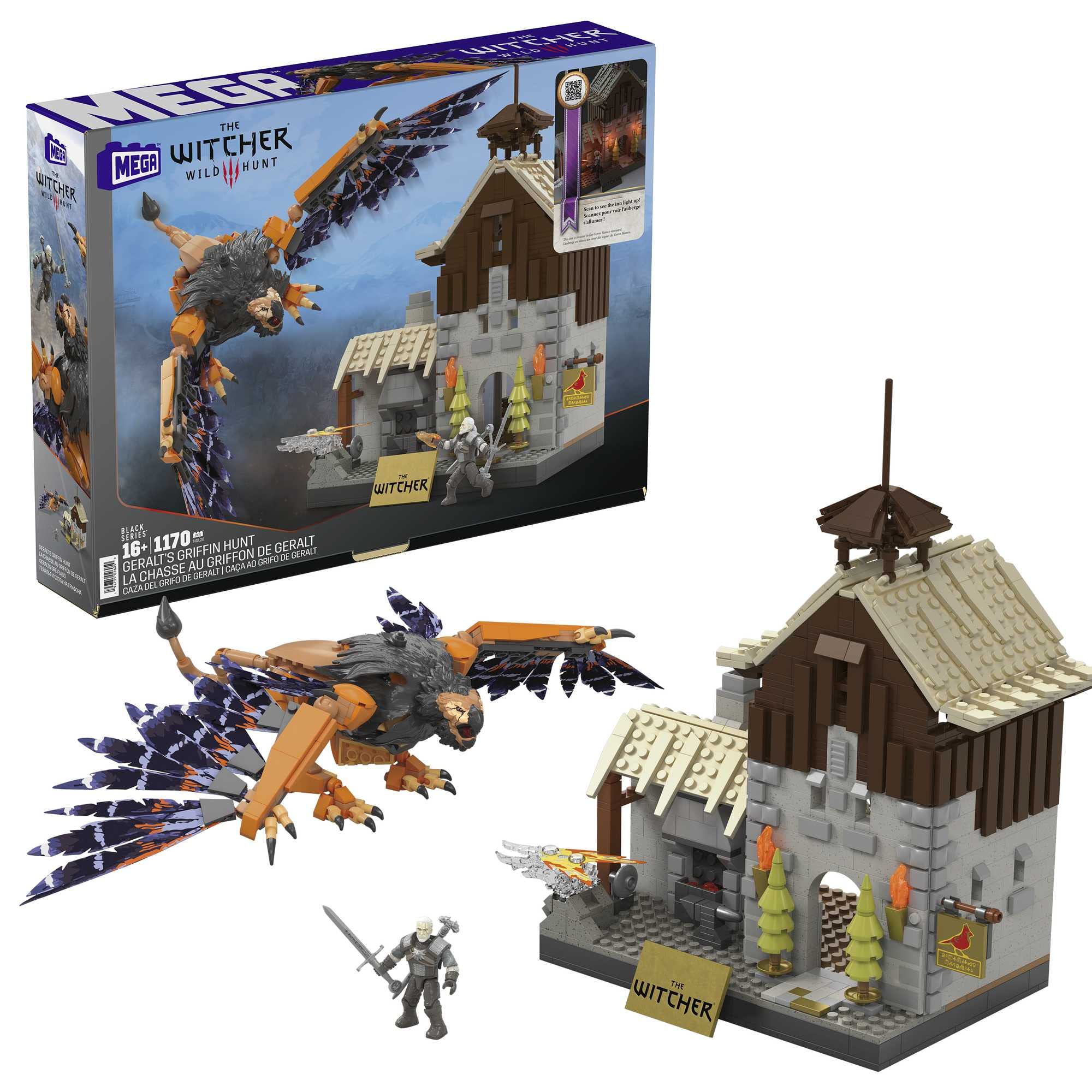 Mega Brands Geralt's Corvo Bianco house with lit fireplace for evening quests.