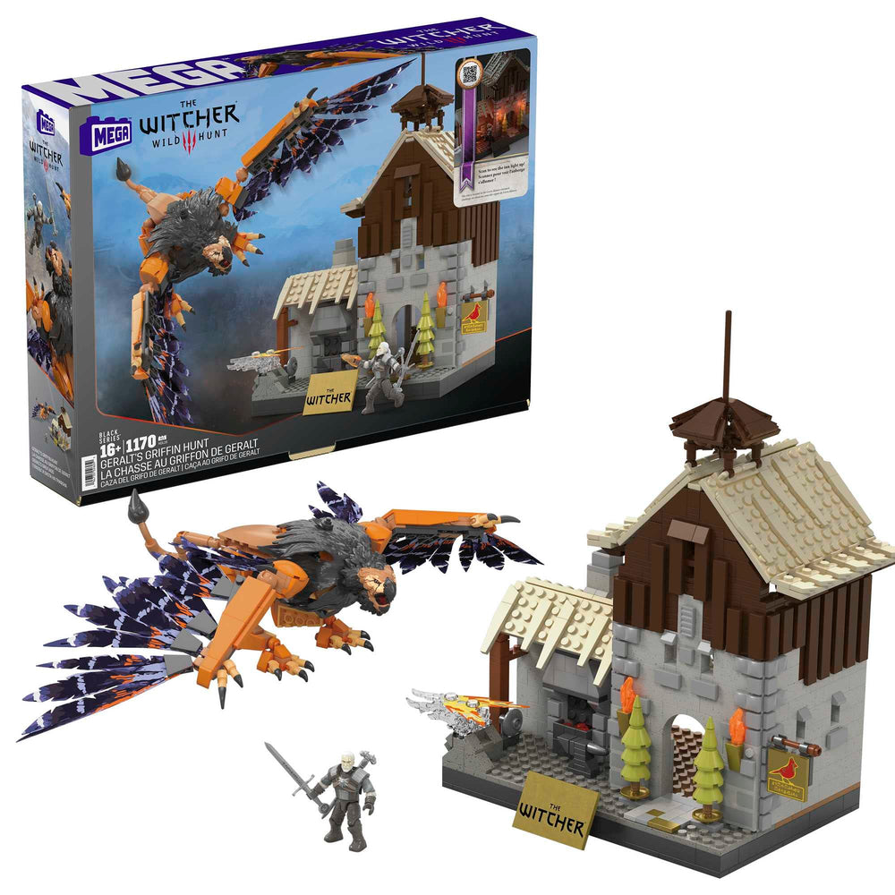 Mega Brands Geralt's Corvo Bianco house with lit fireplace for evening quests.