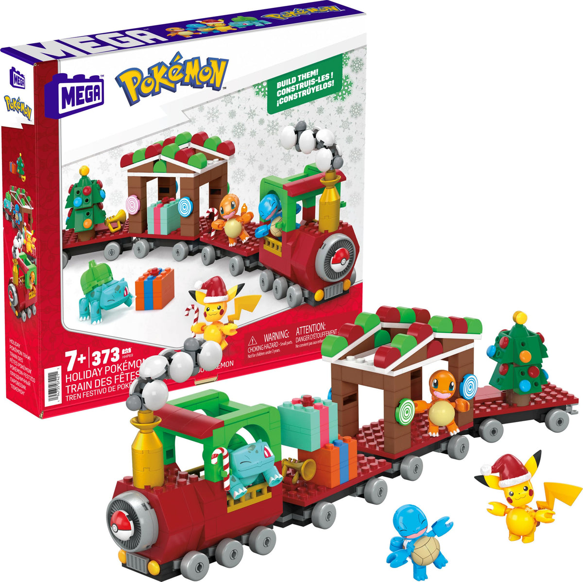 Mega Brands Mega Pokémon holiday train full setup, colorful and inviting for kids' play sessions.