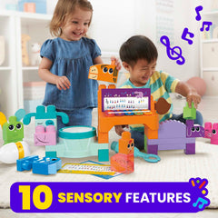 Mega Brands Mega Bloks farm band cow drum supports tactile exploration and beat awareness