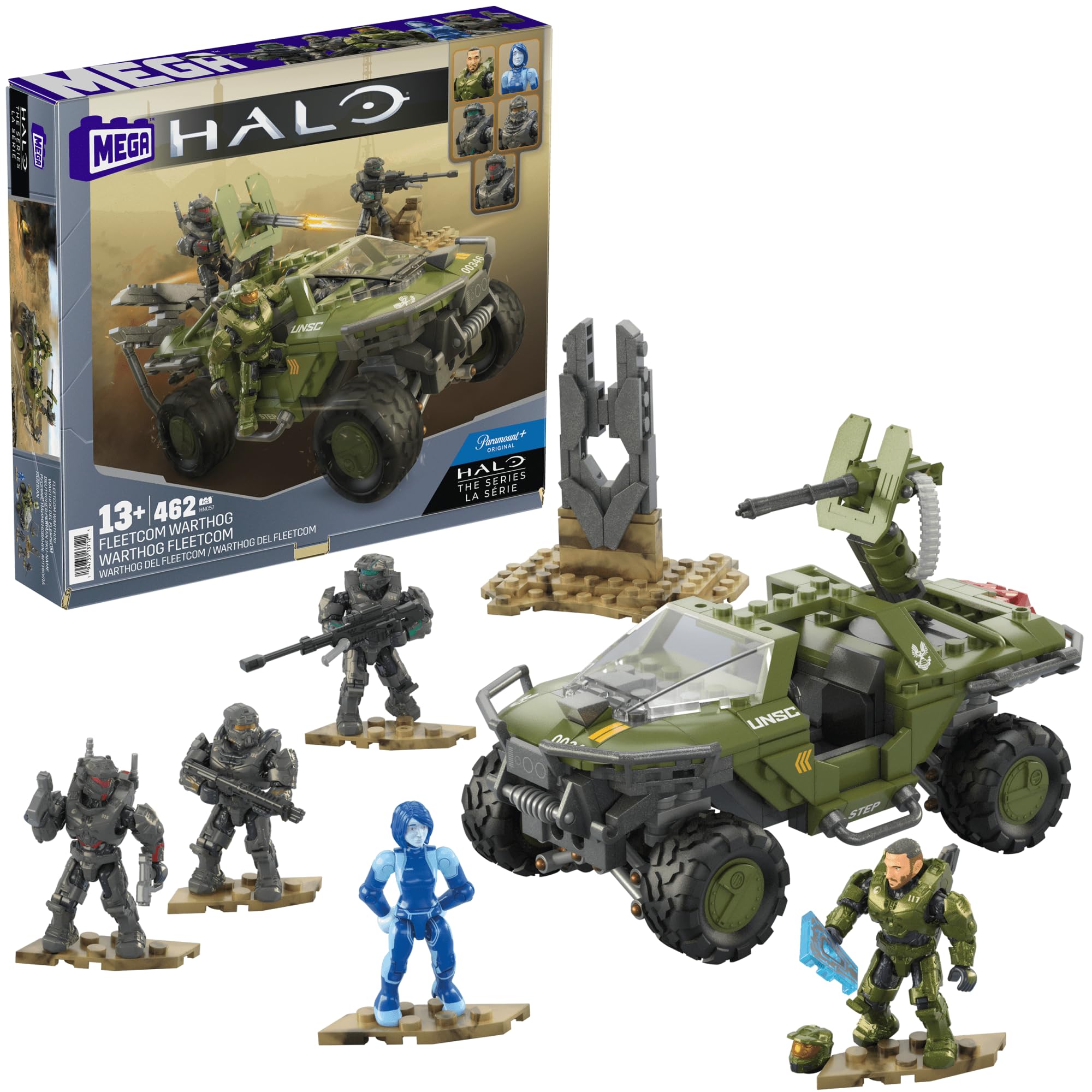 MEGA Halo Warthog rolling wheels enhance authentic action play.