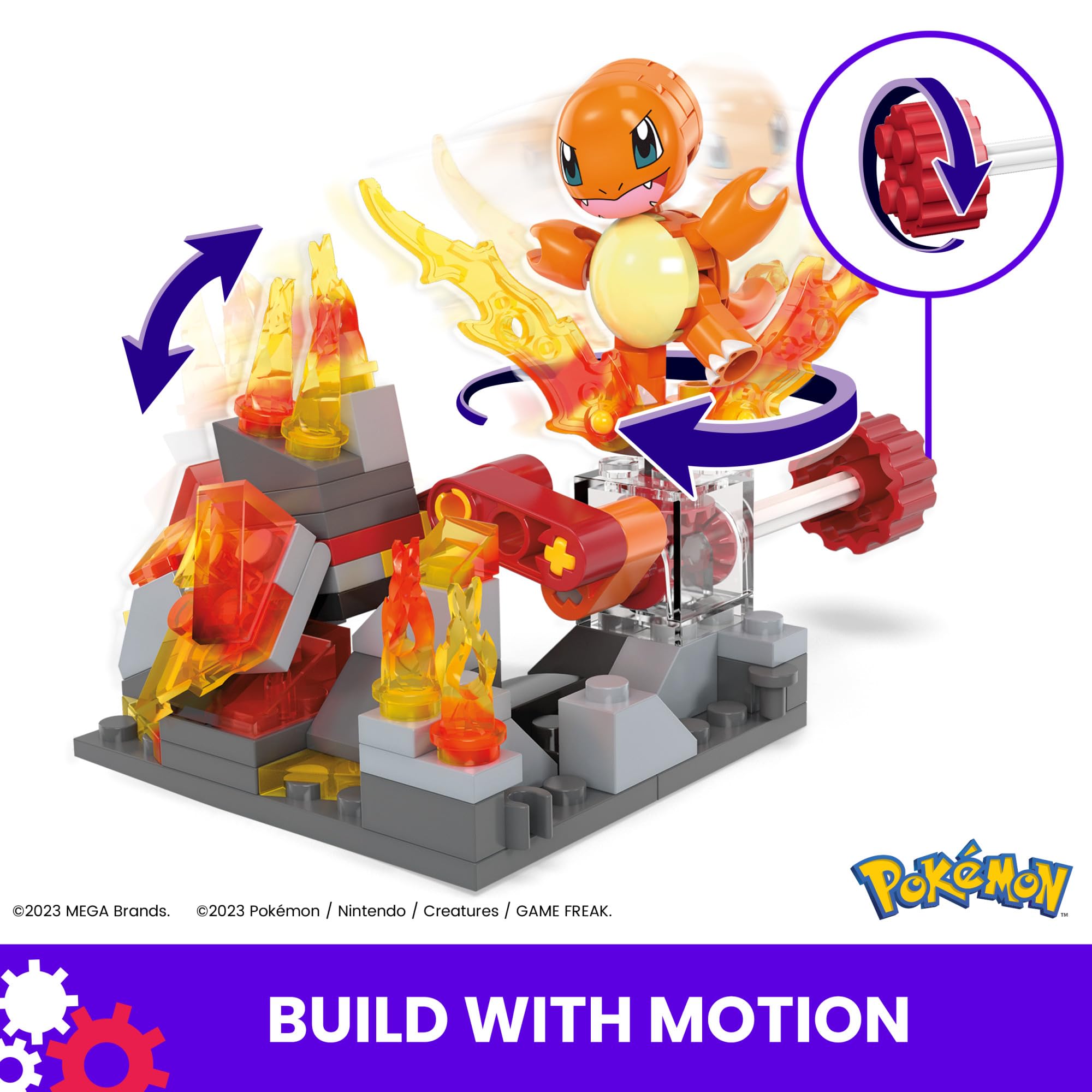 Mega Brands Charmander motion-brick crank activates spinning action for interactive play