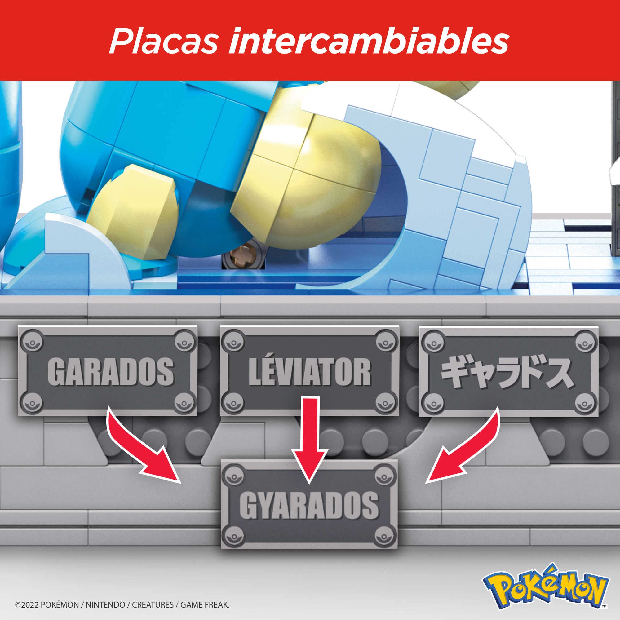 Mega Brands MEGA Pokémon Gyarados display case frames the epic battle-ready scene.