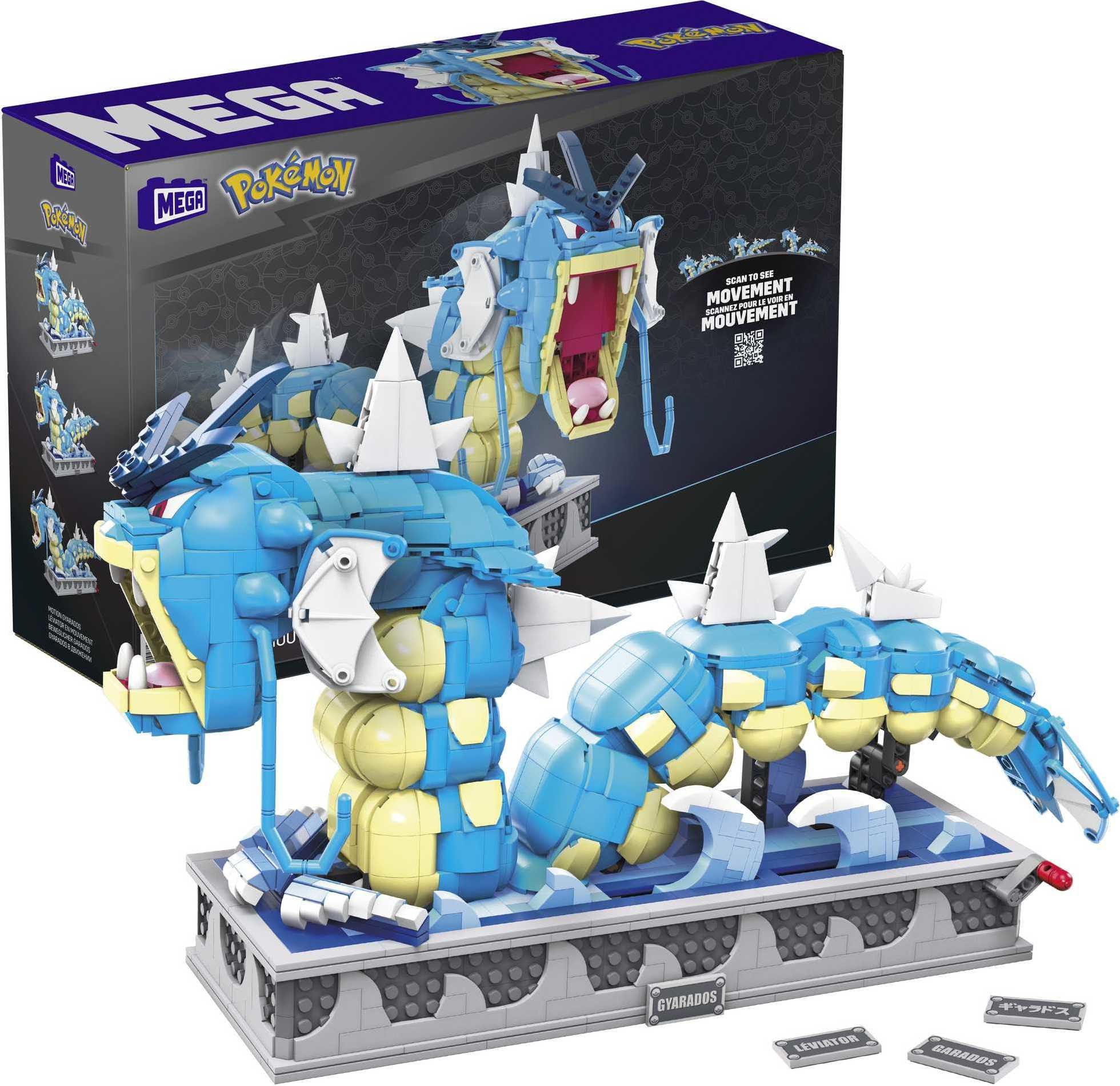 Mega Brands MEGA Pokémon Gyarados moving mouth demonstrates dynamic action for a premium display piece.