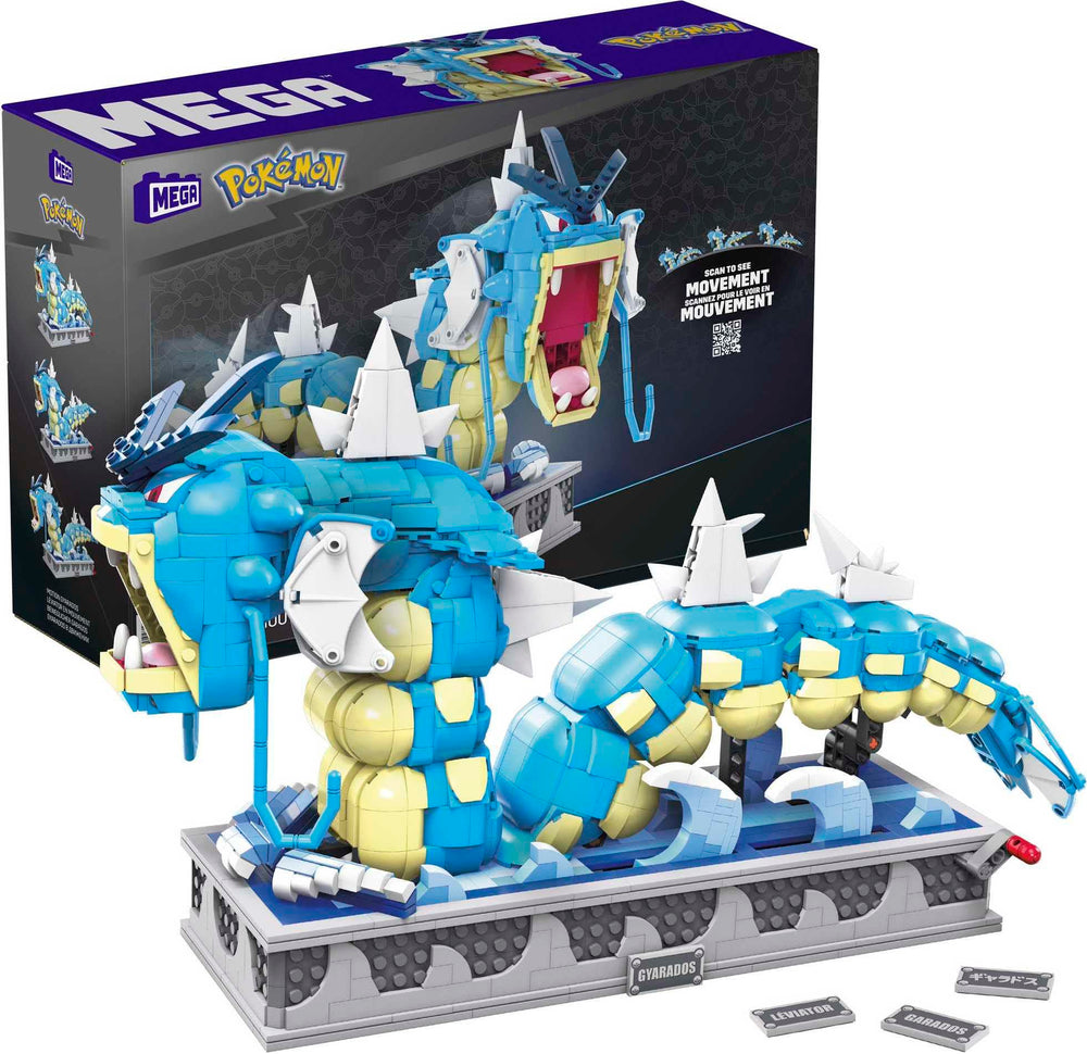 Mega Brands MEGA Pokémon Gyarados moving mouth demonstrates dynamic action for a premium display piece.