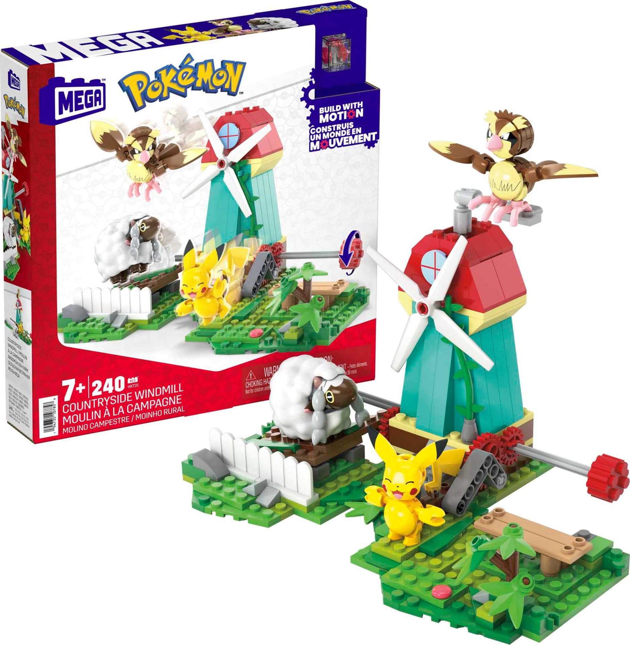 Mega Brands Pokémon windmill assembly with motion brick for dynamic building play.