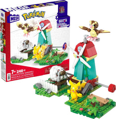 Mega Brands Pokémon windmill assembly with motion brick for dynamic building play.