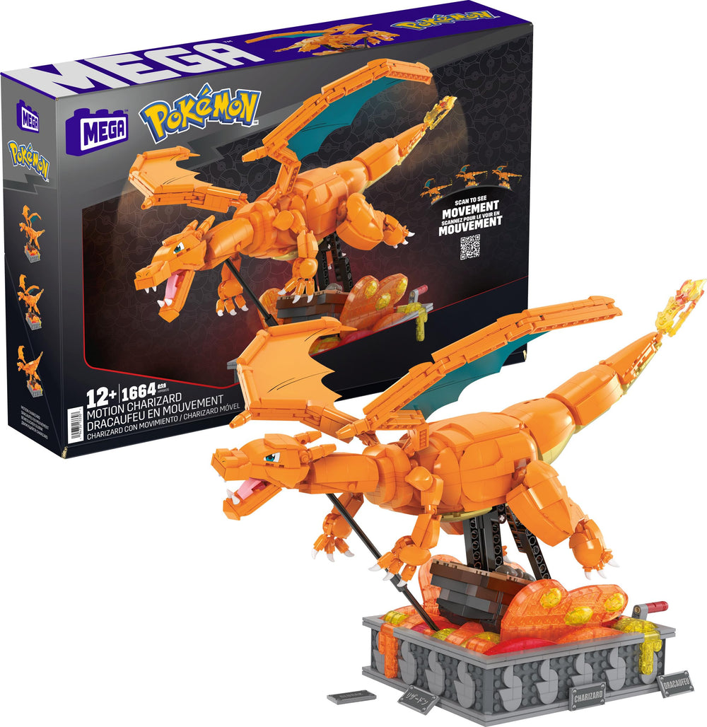 Mega Brands Motion Charizard crank-display shows movement and detail.