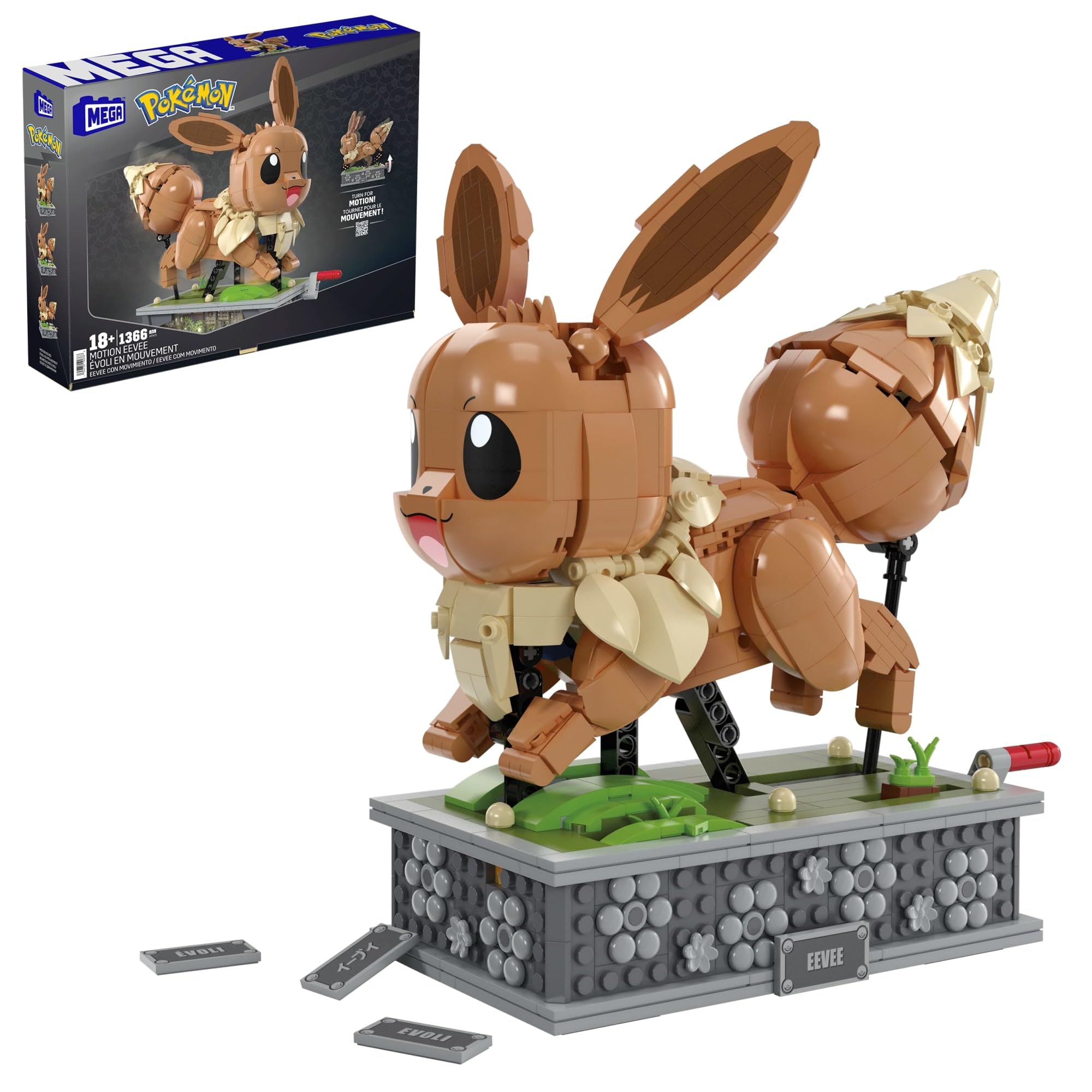 Mega Brands Motion Eevee running action figure on display shelf for collectors