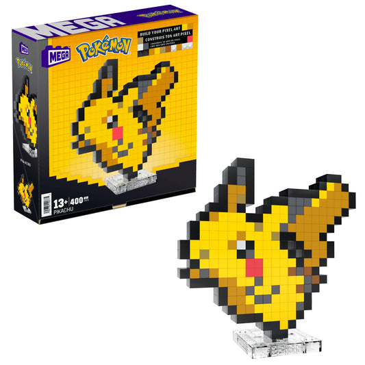 Mega Brands Pikachu construction set with pixel-art bricks for retro display on desk or shelf.