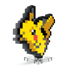 Mega Brands Pikachu pixel-brick detail highlights nostalgic pixel-art styling.