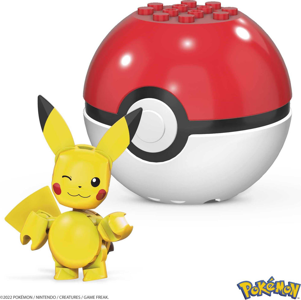 Mega Brands Pikachu posed on Poké Ball for battle-ready play