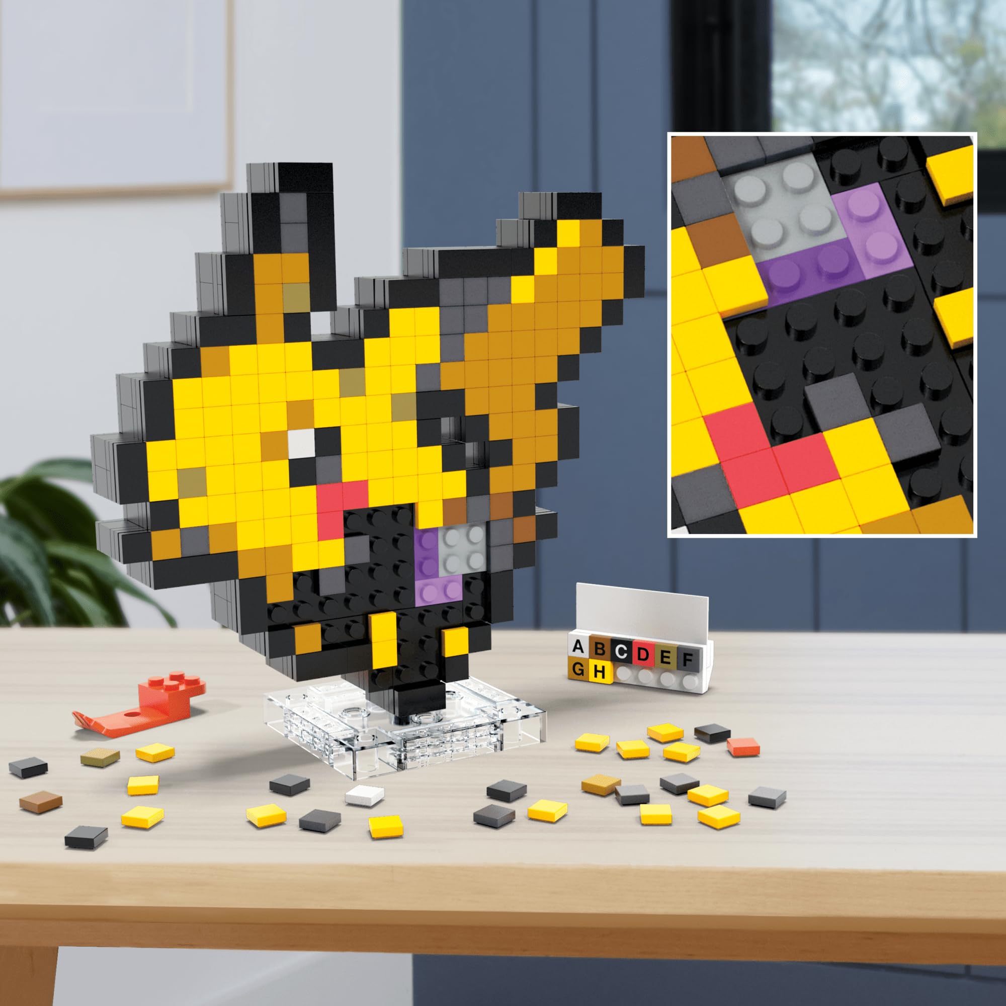 Mega Brands Pikachu wall-or-desk display shows flexible placement options.