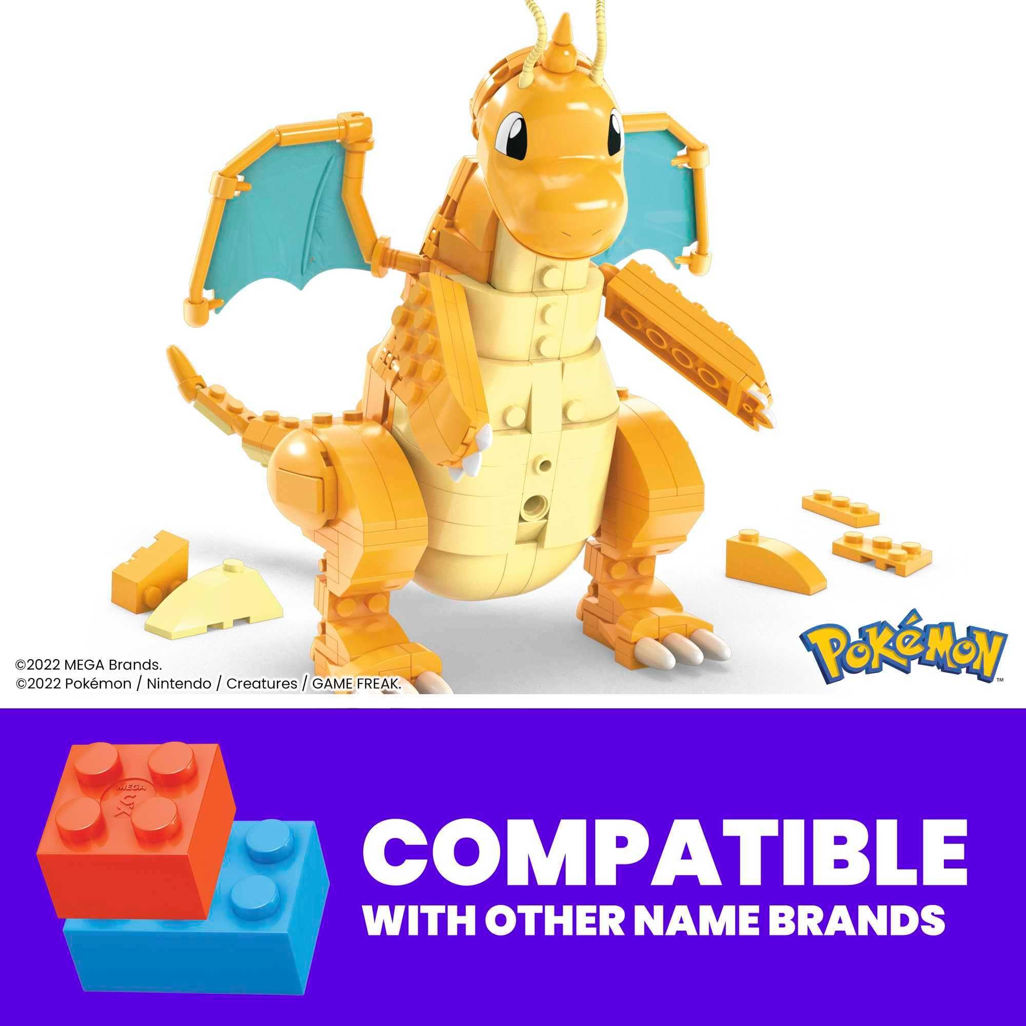 Mega Brands Dragonite poseable figure fits with MEGA Pokémon world construction.