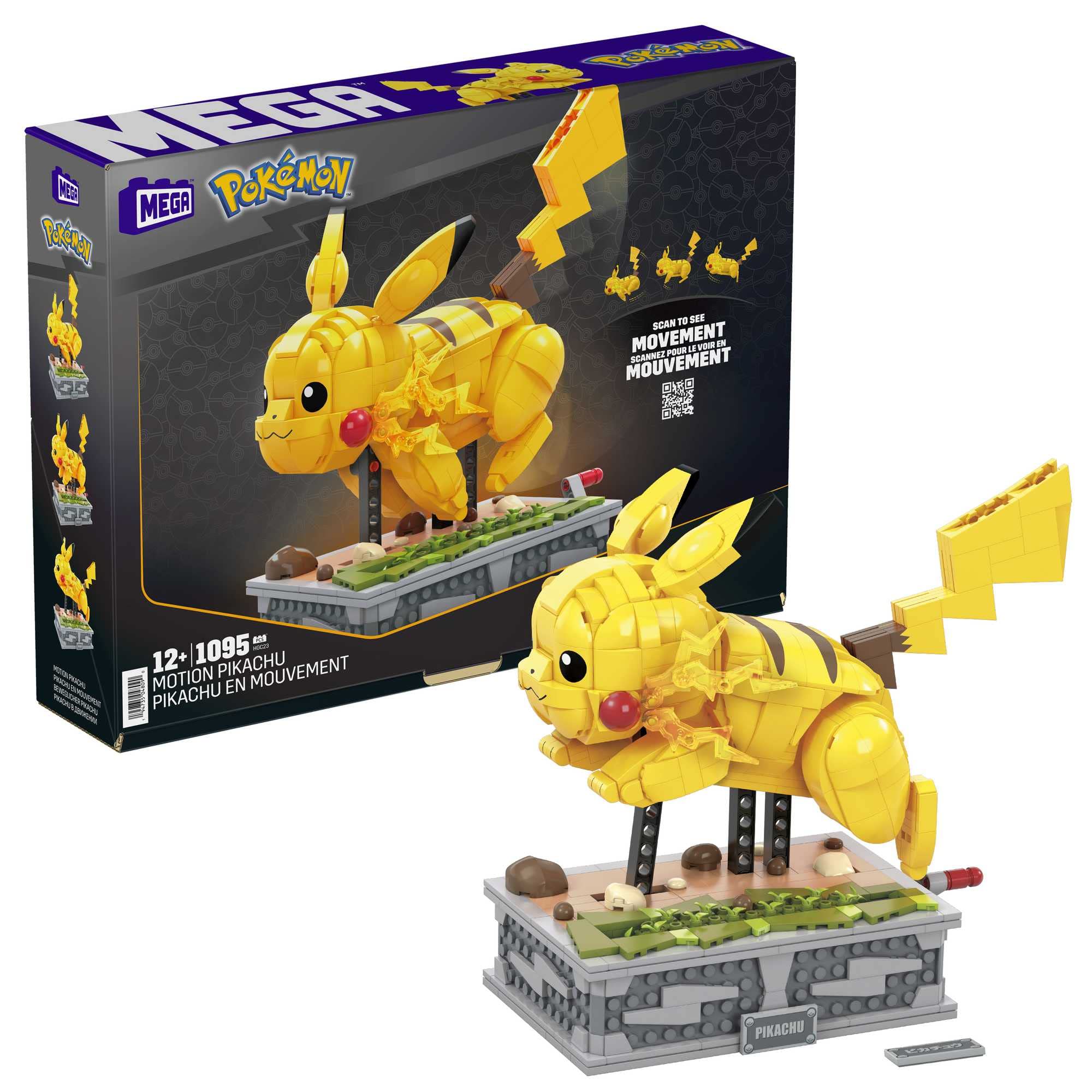 Mega Brands Pokémon Motion Pikachu display case showcased on a shelf for collectors.