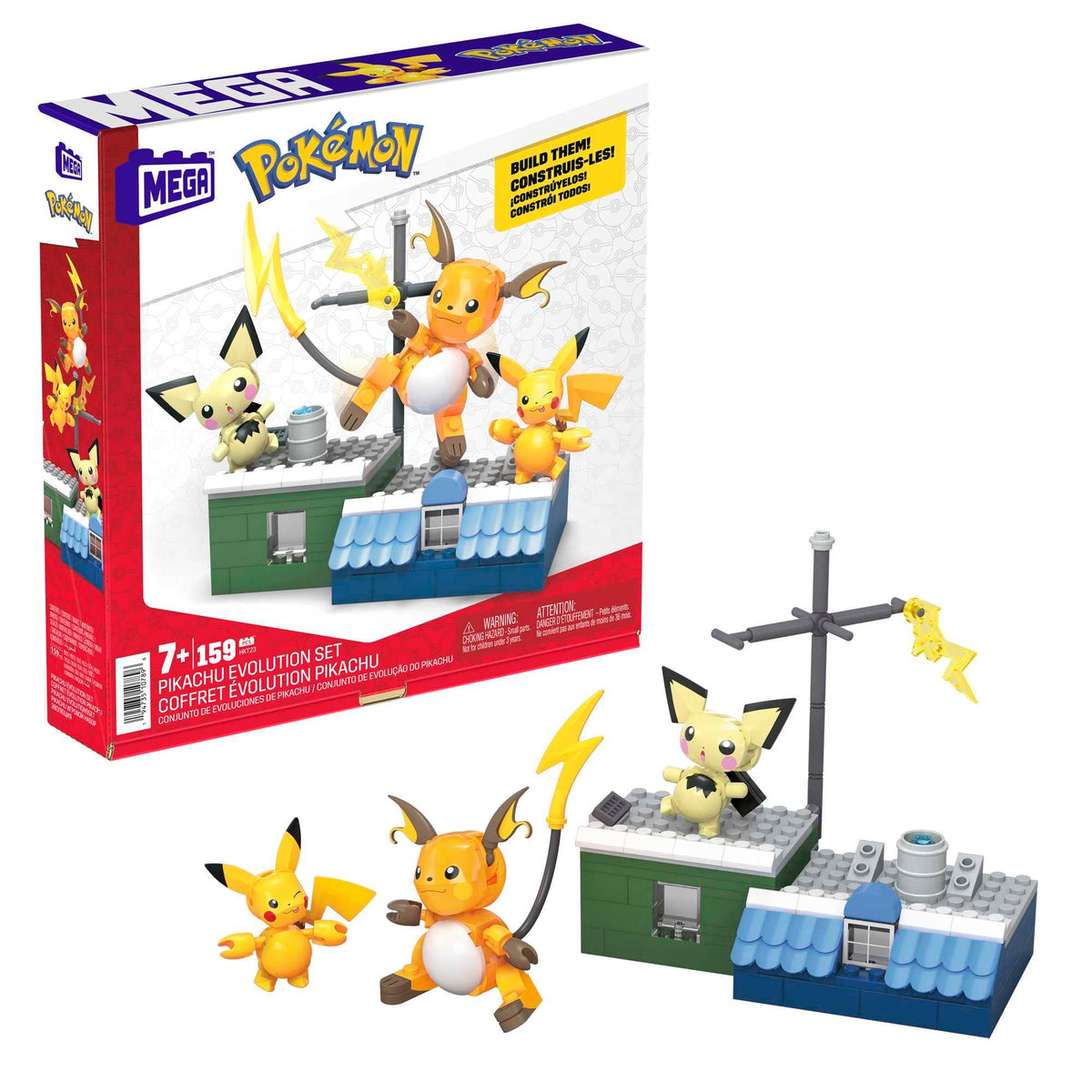 Mega Brands Pikachu evolution set with 159 pieces for creative building and display.