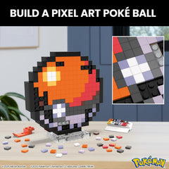 Close-up of Mega Brands Pokémon pixel-art Poké Ball for retro display.