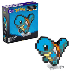 Mega Brands Squirtle pixel-art figure built from bricks for desktop display.
