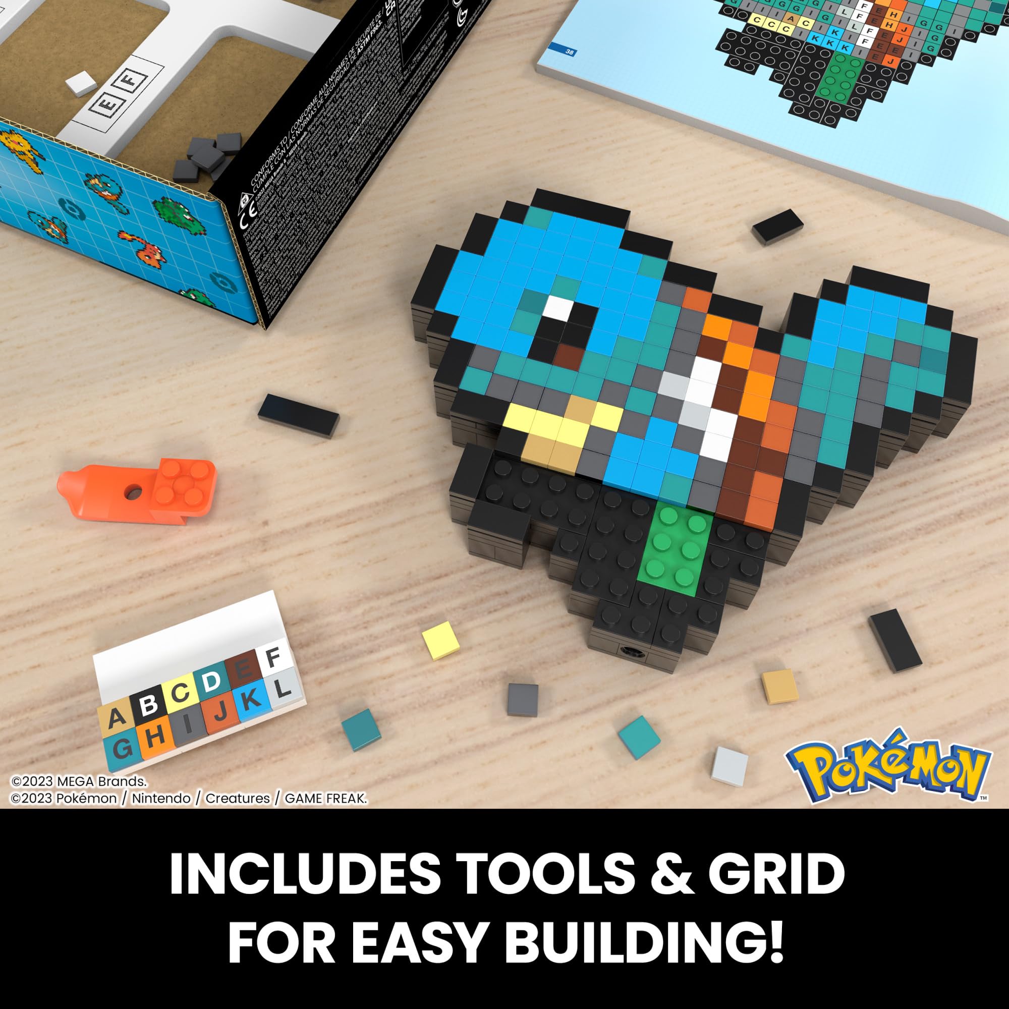 Close-up of pixel bricks forming Squirtle's retro style.