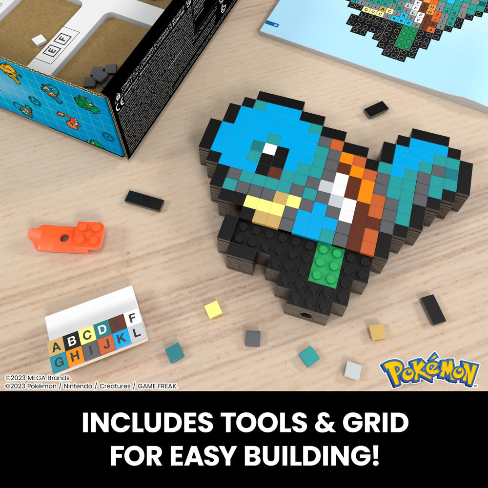 Close-up of pixel bricks forming Squirtle's retro style.