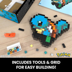 Close-up of pixel bricks forming Squirtle's retro style.