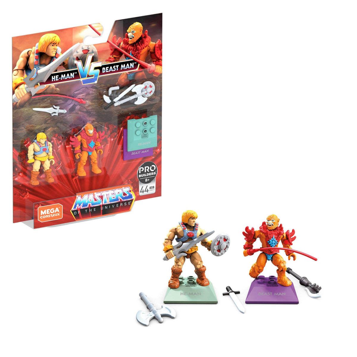 Mega Construx He-Man vs Beast Man battle stand for dynamic display