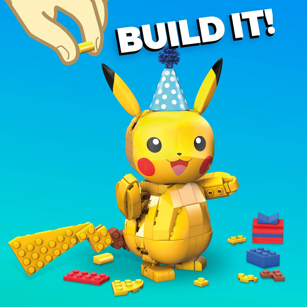 Pikachu wearing a party hat beside a cake accessory for festive scenes.