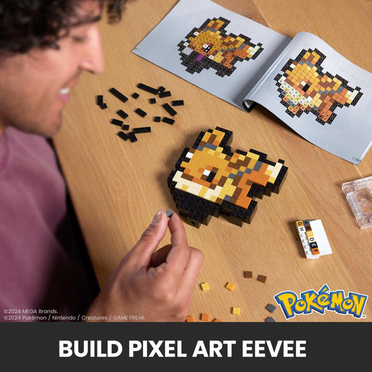 Mega Eevee retro-pixel figure ready for wall mounting