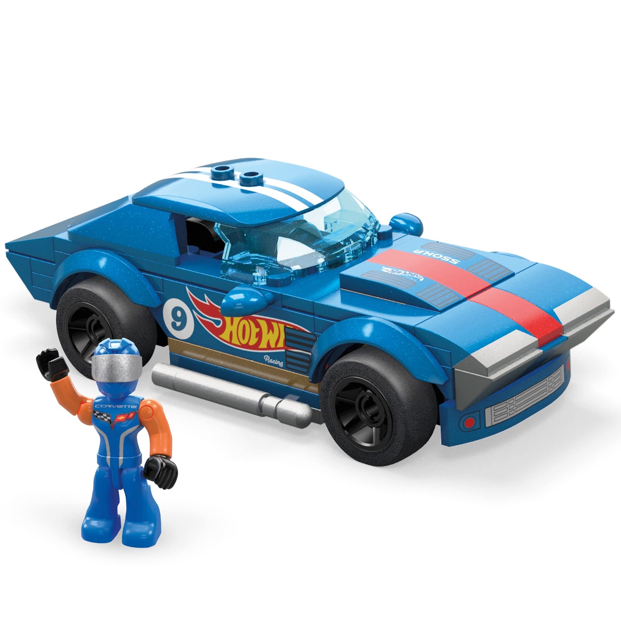 Mega Hot Wheels 64 Corvette Grand Sport build set on track, fueling imaginative play
