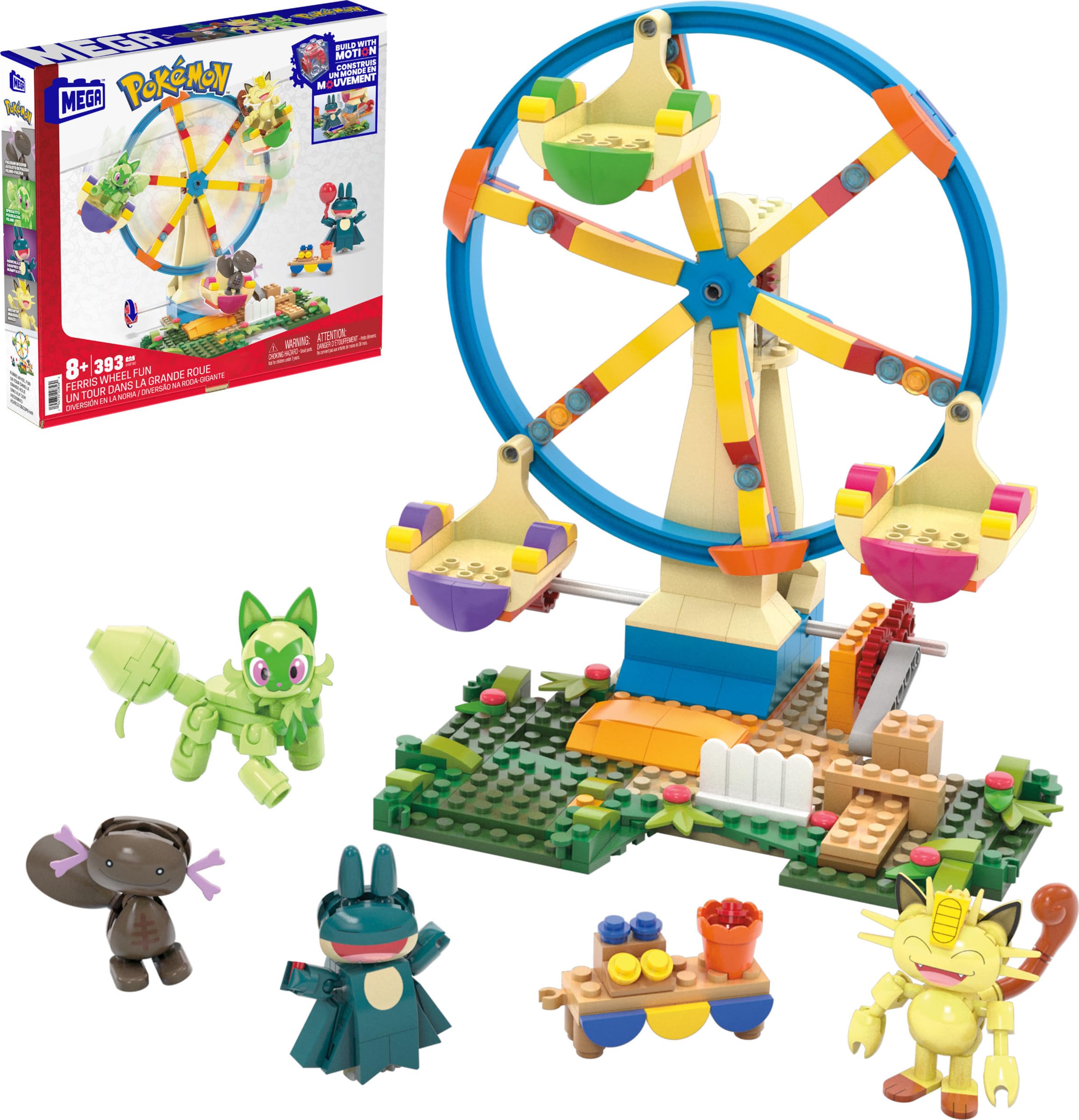 Mega Pokemon Ferris Wheel Fun set shows motion with the crank for immersive play.