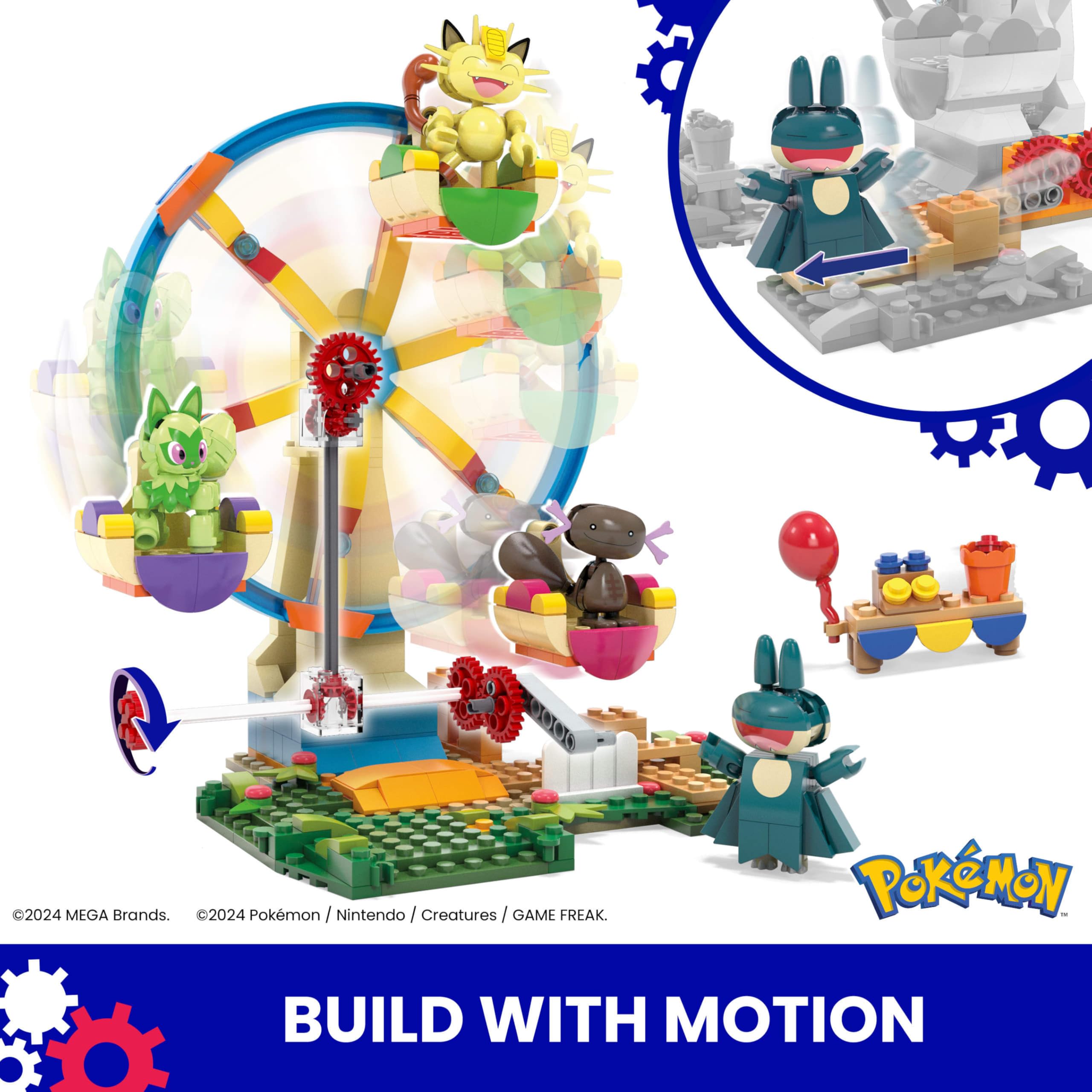 Mega Pokemon Meowth figure on ride invites playful scenarios.