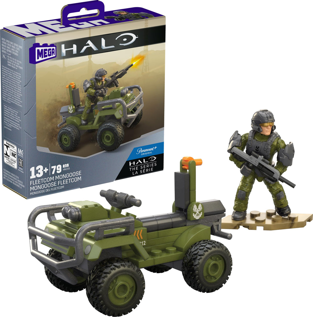 Mega Bloks Halo Mongoose ATV with rolling wheels enables dynamic play.