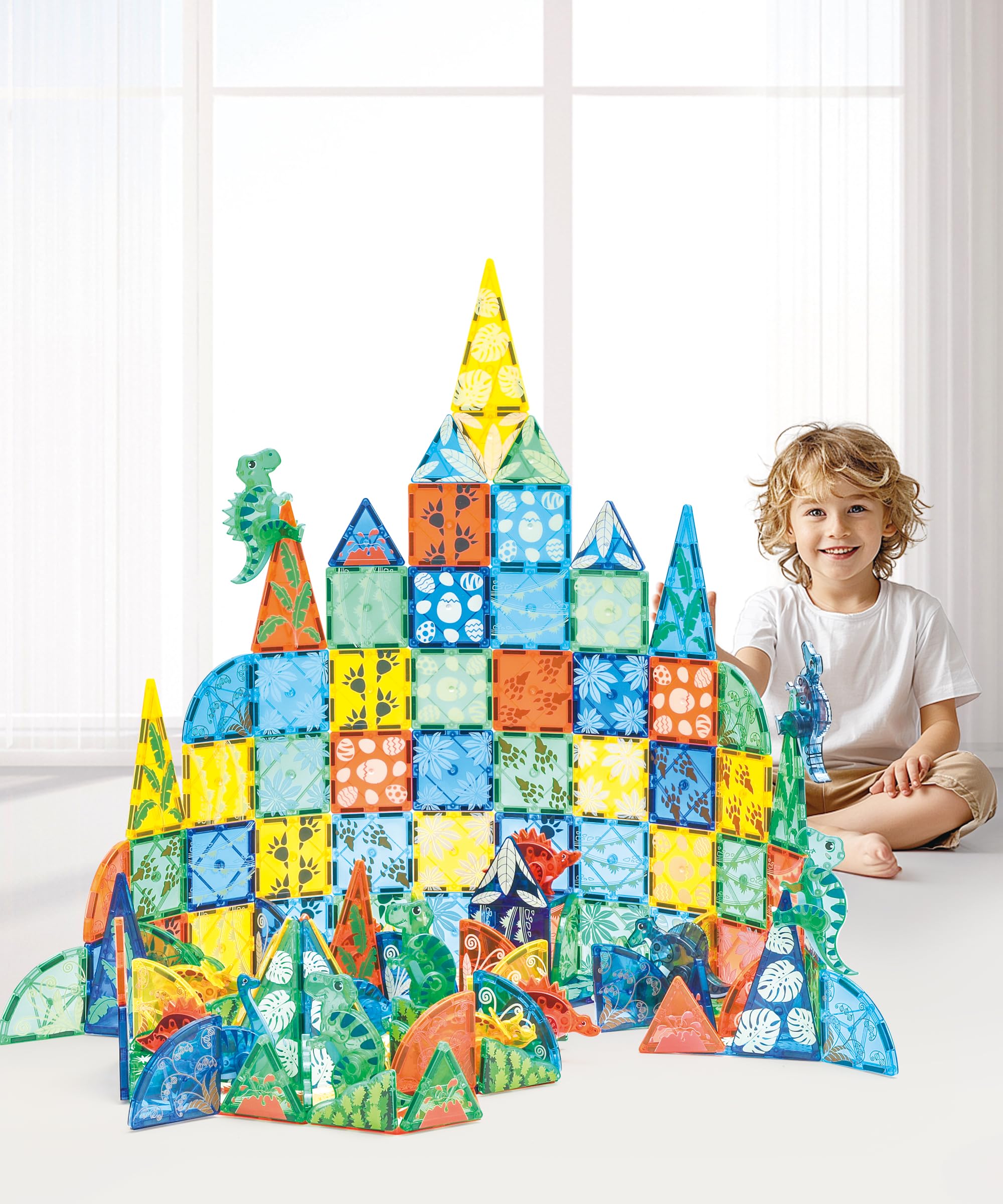 MEGAGONTILES brachiosaurus figure supports large world construction and exploration.