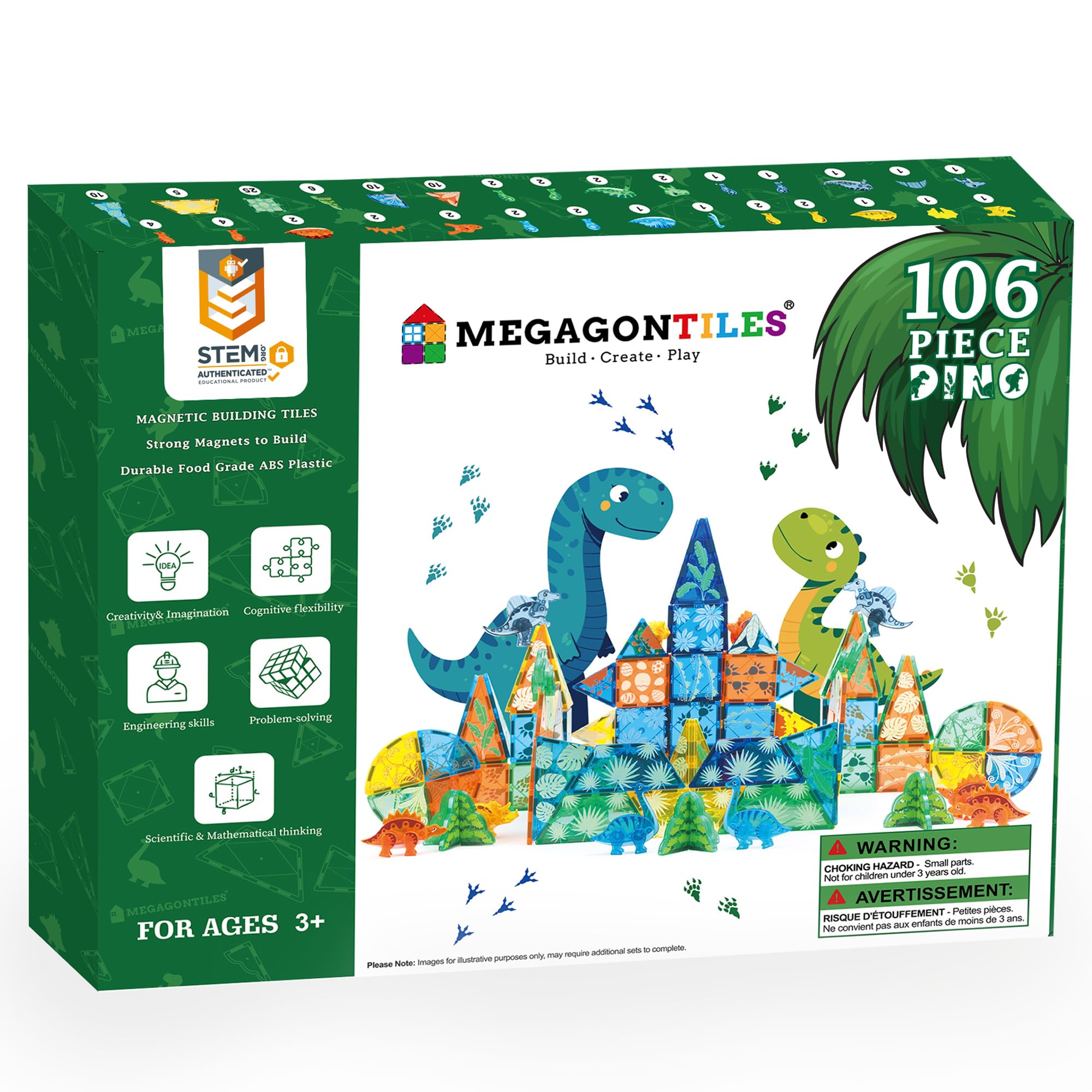 MEGAGONTILES dinosaur tiles 106pcs for imaginative STEM building and storytelling.
