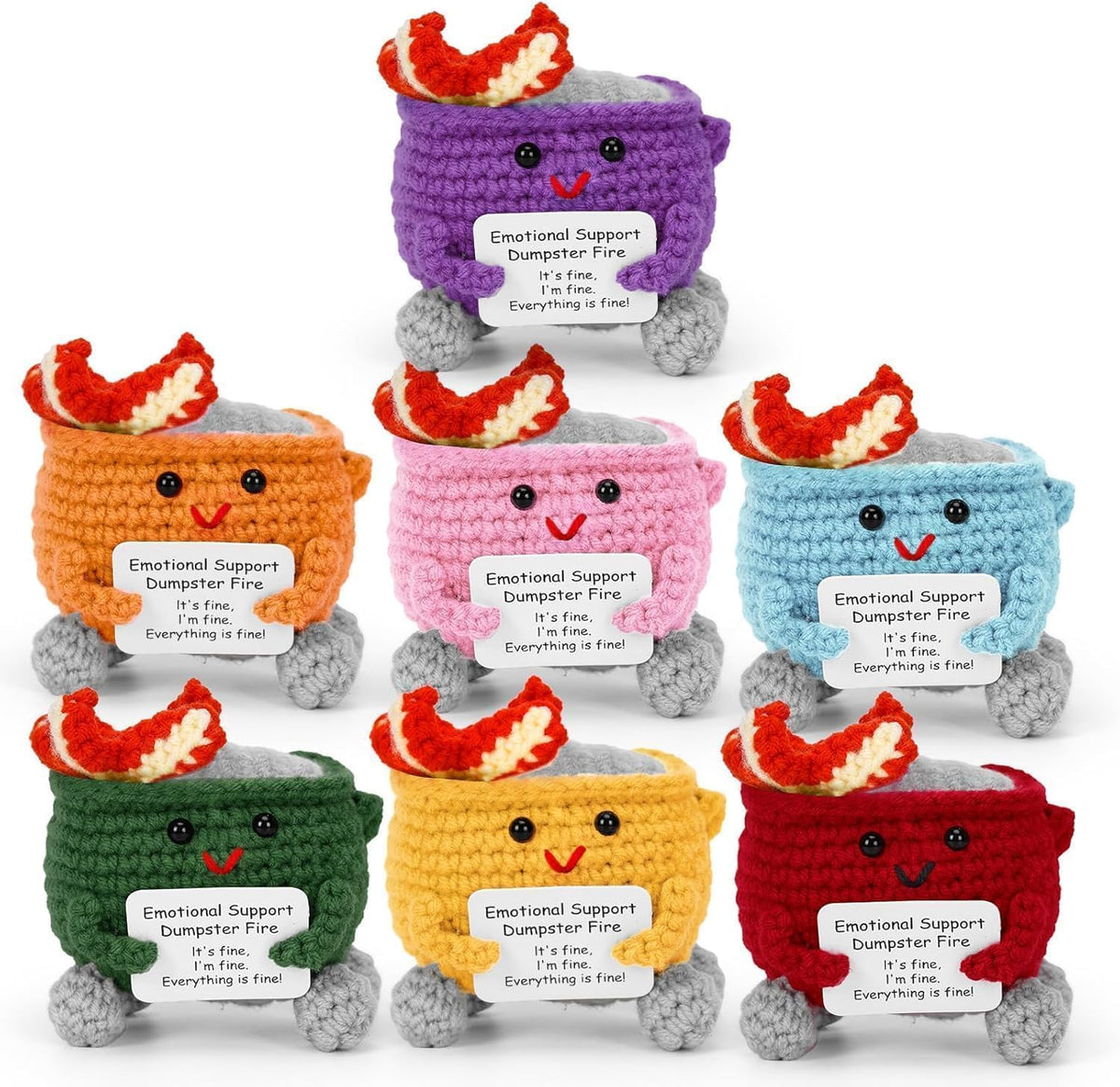 Megele dumpster fire crochet 3-5 inch sits on a desk for playful stress relief.