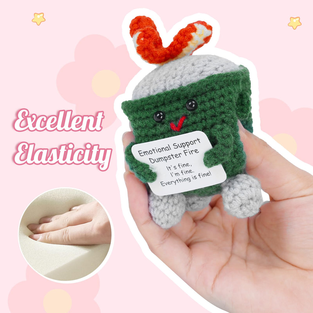 Megele dumpster fire crochet with positive card is a cheerful coworker gift.