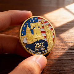 MEGLORT 250th Anniversary Coin detailed eagle, flag, and liberty bell for patriotic displays.