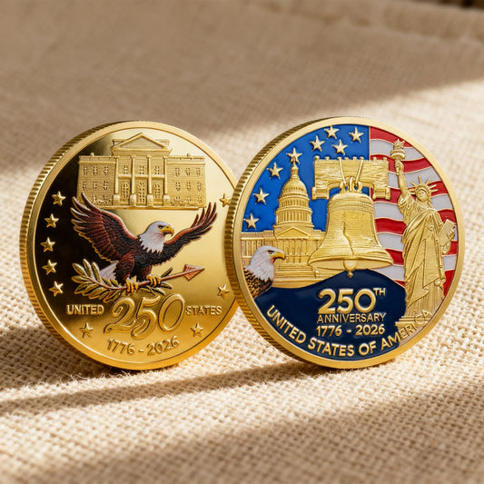 MEGLORT 250th Anniversary Coin front design with antique gold finish for display.