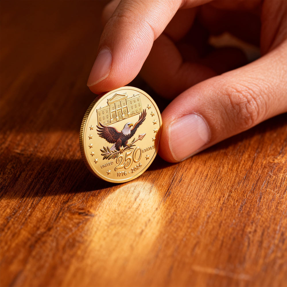 MEGLORT 250th Anniversary Coin ready-to-display in a clear showcase.