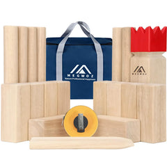 Megwoz Kubb set arranged on grass for backyard play.