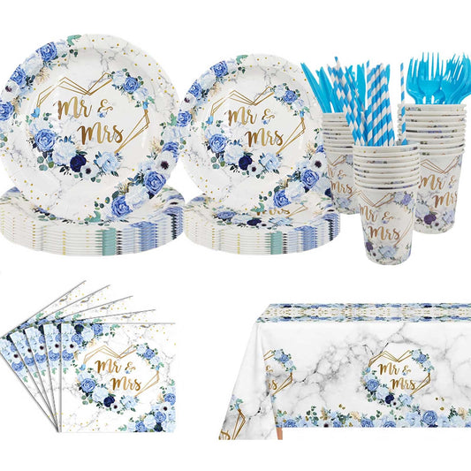 MEHOFOND 169pc blue wedding decor pack for an elegant reception table.